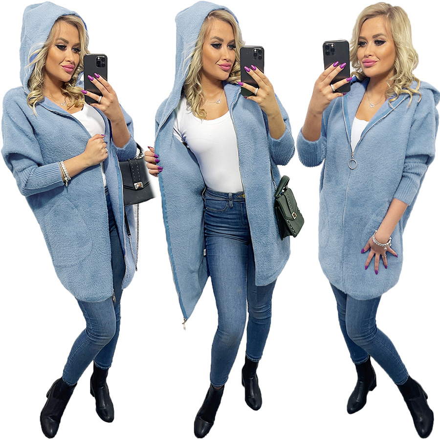 Alpaka Płaszcz z Kapturem Zapinana Na Suwak Wełna Oversize BABY BLUE