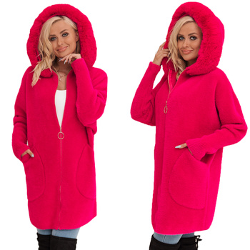 Z Futerkiem Płaszcz Alpaka Na Suwak Wełna Ciepły FUKSJA