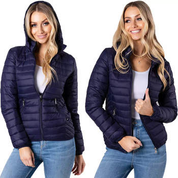 Lekka Krótka Wiosenna Kurtka z Kapturem Przejściowa Pikowana GRANATOWA