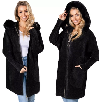 Z Futerkiem Płaszcz Alpaka Na Suwak Wełna Ciepły CZARNY