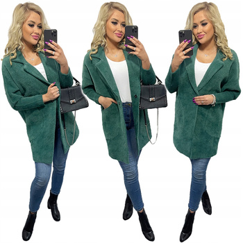 Damski Płaszcz z Alpaki  Oversize - Plus Size Duży Rozmiar 50 ZGASZONY ZIELONY