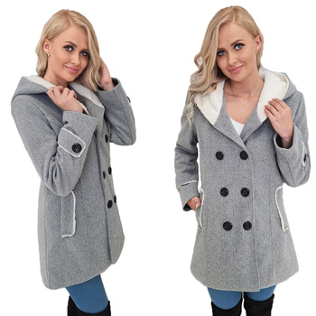 Włoski Płaszcz Z Kapturem Ciepły Z Kożuszkiem SZARY