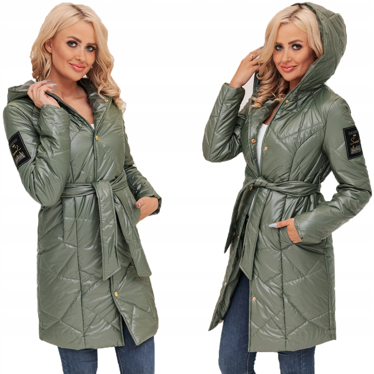 Długi Pikowany Płaszcz Z Paskiem Przejściowy KHAKI