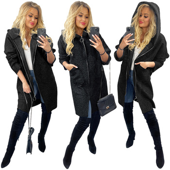 Supełkowy Damski Płaszcz Bluza z Kapturem Oversize CZARNY