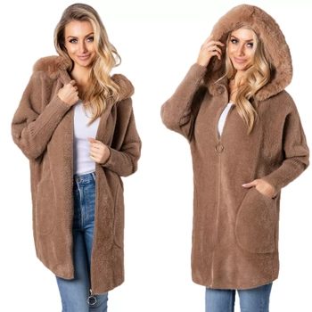 Z Futerkiem Płaszcz Alpaka Na Suwak Wełna Ciepły CAMEL