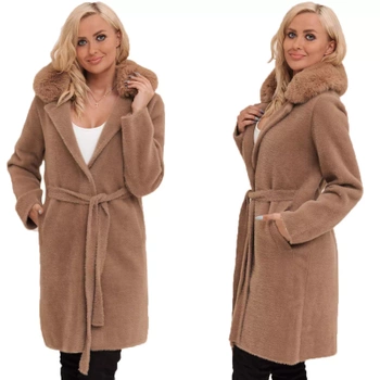 Alpaka Z Futerkiem Ciepły Płaszcz Z Paskiem CAMEL