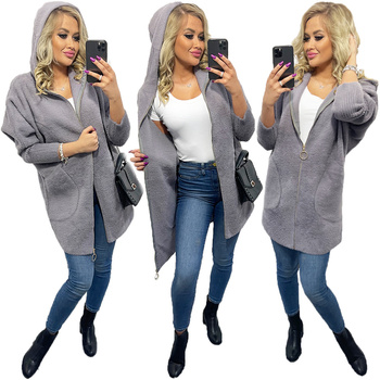 Alpaka Płaszcz z Kapturem Zapinana Na Suwak Wełna Oversize SZARY