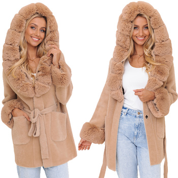 Mięciutka ALPAKA krótka z futerkiem ciepły płaszcz JASNY CAMEL