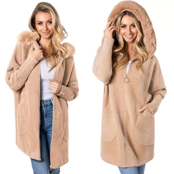 Z Futerkiem Płaszcz Alpaka Na Suwak Wełna Ciepły JASNY CAMEL