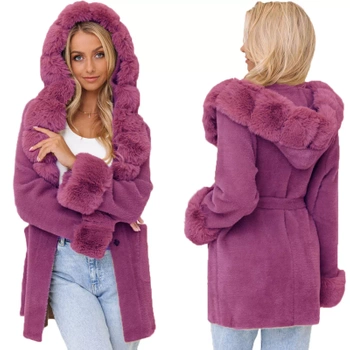 Mięciutka ALPAKA krótka z futerkiem ciepły płaszcz WRZOSOWY