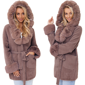 Mięciutka ALPAKA krótka z futerkiem ciepły płaszcz CAPPUCCINO