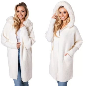 Z Futerkiem Płaszcz Alpaka Na Suwak Wełna Ciepły ECRU