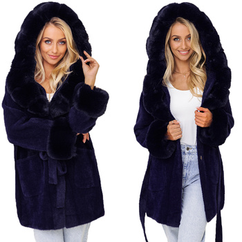 Mięciutka ALPAKA krótka z futerkiem ciepły płaszcz GRANATOWY