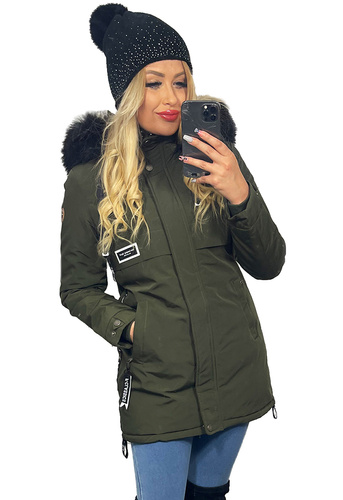 Dłuższa Taliowana Ciepła Parka Damska Kurtka Zimowa z Kapturem KHAKI