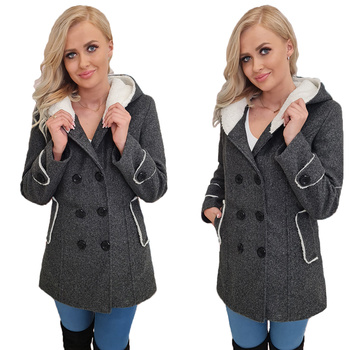 Włoski Płaszcz Z Kapturem Ciepły Z Kożuszkiem GRAFITOWY