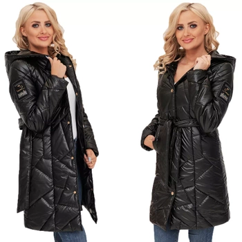 Długi Pikowany Płaszcz Z Paskiem Przejściowy CZARNY