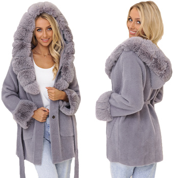 Mięciutka ALPAKA krótka z futerkiem ciepły płaszcz SZARY