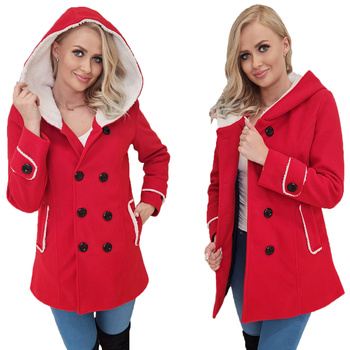 WŁOSKI PŁASZCZ Z KAPTUREM CIEPŁY Z KOŻUSZKIEM CZERWONY