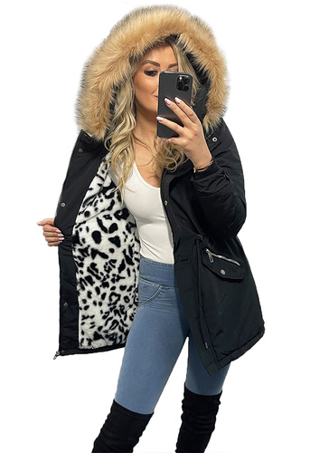 Zimowa Pantera Ciepła Parka Kurtka Zimowa Na Misiu  CZARNA