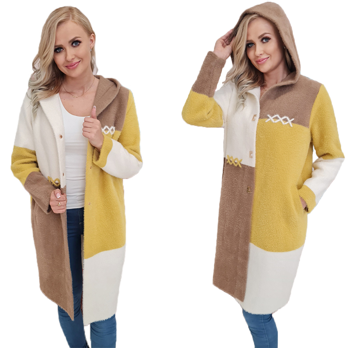 Długi Płaszcz Premium Alpaka z Wełną Modne Kolory CAMEL-ECRU-MUSZTARDOWY