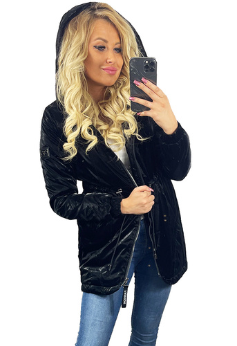 Pięknie Lśniąca Parka Kurtka z Kapturem CZARNA