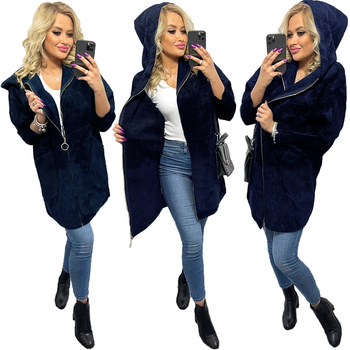 Alpaka Płaszcz z Kapturem Zapinana Na Suwak Wełna Oversize GRANATOWY