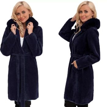 Alpaka Z Futerkiem Ciepły Płaszcz Z Paskiem GRANATOWY