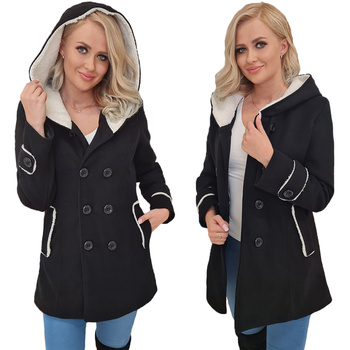 Włoski Płaszcz Z Kapturem Ciepły Z Kożuszkiem CZARNY