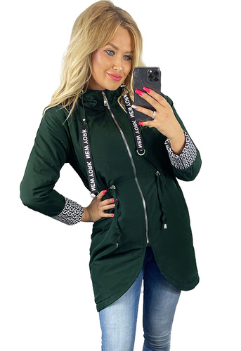 Parka Taliowana Damska Kurtka z Kapturem  BUTELKOWA ZIELEŃ