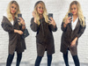Supełkowy Damski Płaszcz Bluza z Kapturem Oversize CAMELOWY