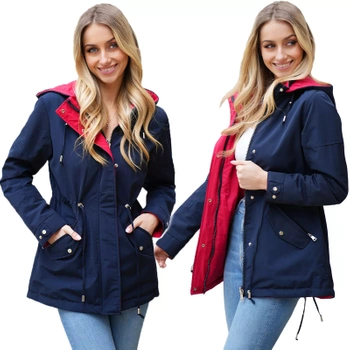 Dwustronny Taliowany Wiosenny Płaszcz Parka Kaptur 3 Kolory Przejściowy GRANATOWY