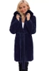 Alpaka Z Futerkiem Ciepły Płaszcz Z Paskiem GRANATOWY