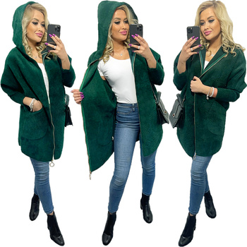 Alpaka Płaszcz z Kapturem Zapinana Na Suwak Wełna Oversize BUTELKOWA ZIELEŃ