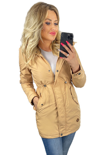 Klasyczna Taliowana Parka Kurtka Damska z Kapturem  BEŻOWA
