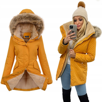 Ocieplana Parka Z Kołnierzem Na Misiu Kurtka MUSZTARDOWA