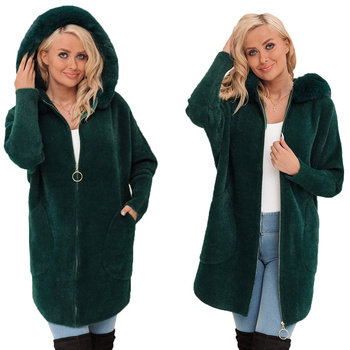 Z Futerkiem Płaszcz Alpaka Na Suwak Wełna Ciepły BUTELKOWA ZIELEŃ