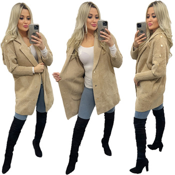 Alpaka z Guziczkami Ciepły płaszcz narzutka Wełna JASNY CAMEL