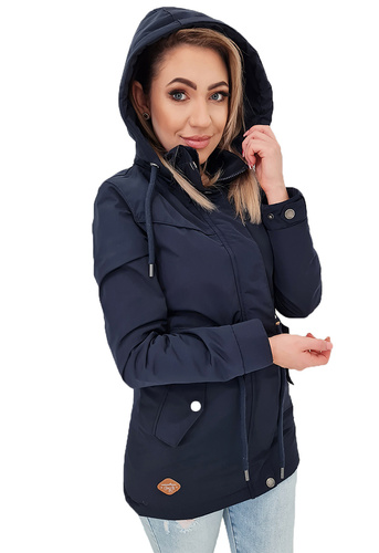 Klasyczna Taliowana Parka Damska Kurtka z Kapturem GRANATOWA