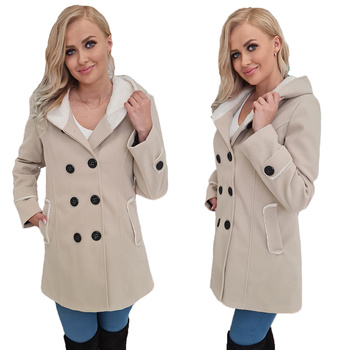 Włoski Płaszcz Z Kapturem Ciepły Z Kożuszkiem BEŻOWY