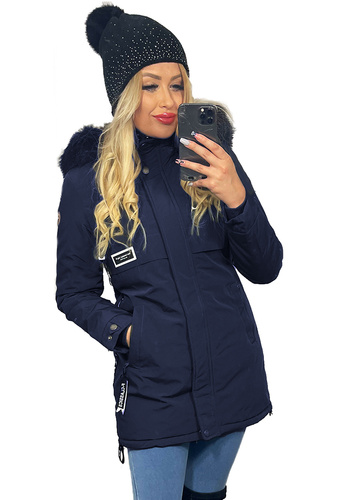 Dłuższa Taliowana Ciepła Parka Damska Kurtka Zimowa z Kapturem GRANATOWA