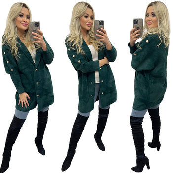 Alpaka z Guziczkami Ciepły płaszcz narzutka Wełna BUTELKOWA ZIELEŃ