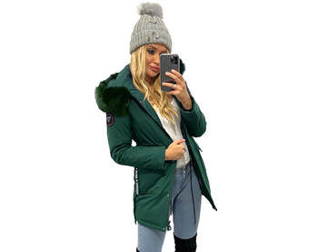 Zjawiskowa Zimowa Ciepła Damska Kurtka z Kapturem  BUTELKOWA ZIELEŃ