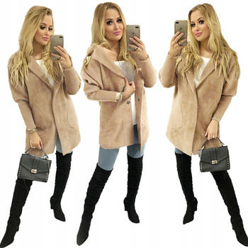 Damski Płaszcz z Alpaki  Oversize - Plus Size Duży Rozmiar 50 JASNY CAMEL