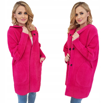 Alpaka Płaszcz Oversize z Kapturem FUKSJA