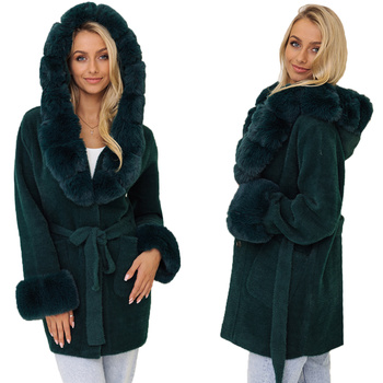 MIĘCIUTKA ALPAKA KRÓTKA Z FUTERKIEM CIEPŁY PŁASZCZ BUTELKOWA ZIELEŃ