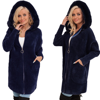 Z Futerkiem Płaszcz Alpaka Na Suwak Wełna Ciepły GRANATOWY