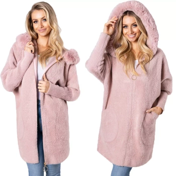 Z Futerkiem Płaszcz Alpaka Na Suwak Wełna Ciepły PUDROWY RÓŻ