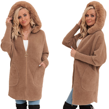 Z Futerkiem Płaszcz Alpaka Na Suwak Wełna Ciepły CAMEL