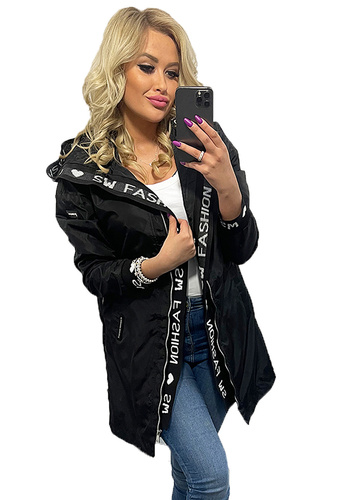 Prosty Lekki Płaszcz Luźna Kurtka Parka z Napisami CZARNA