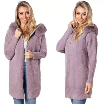 Z Futerkiem Płaszcz Alpaka Na Suwak Wełna Ciepły ZGASZONY WRZOSOWY